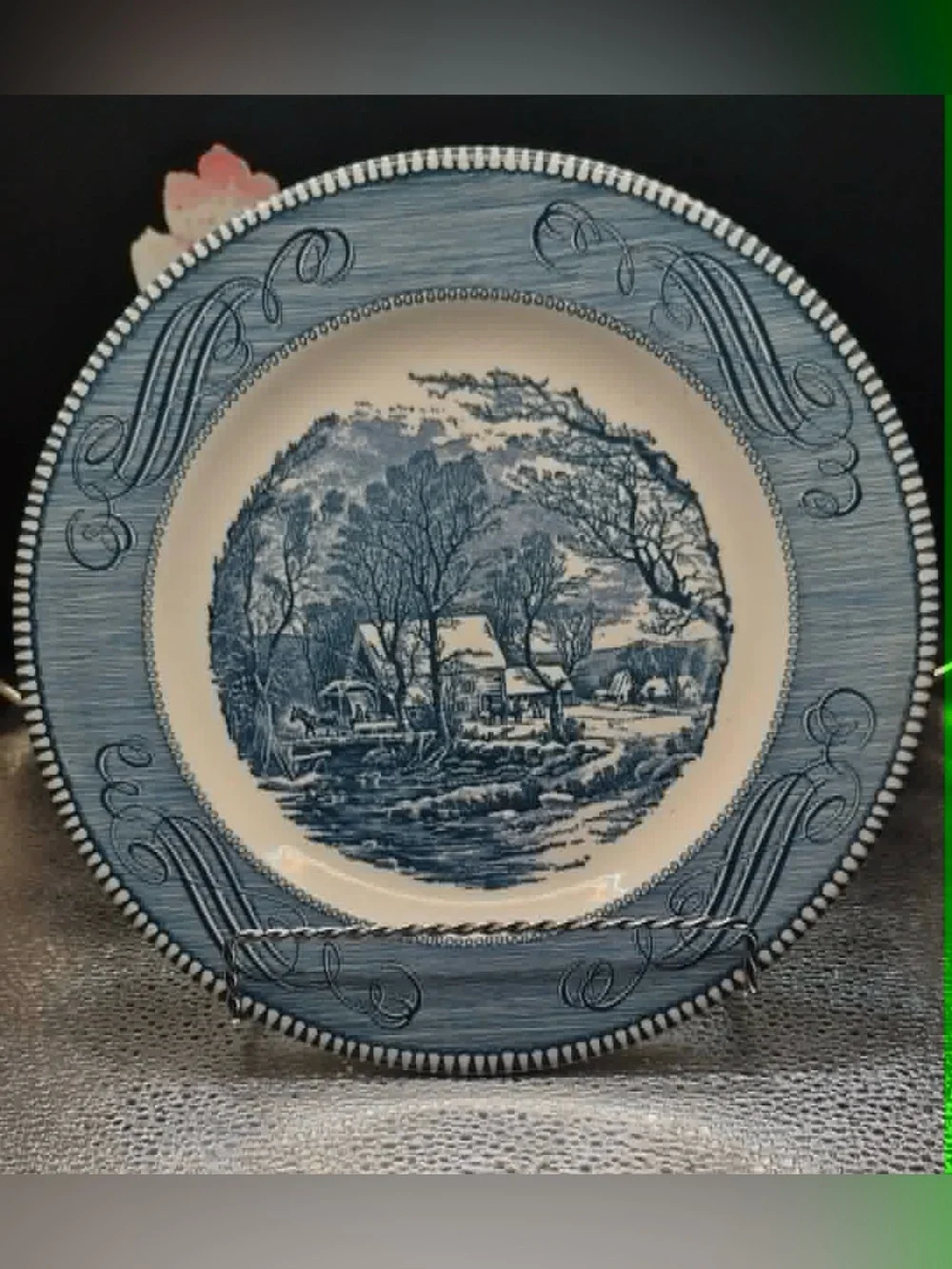 Vintage Currier and Ives 'The Old Grist Mill' 10” Dinner Plate Set 6 Royal Blue